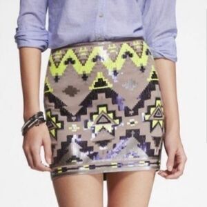 Express Aztec Sequin Stretch Skirt Gray Neon Green NEW